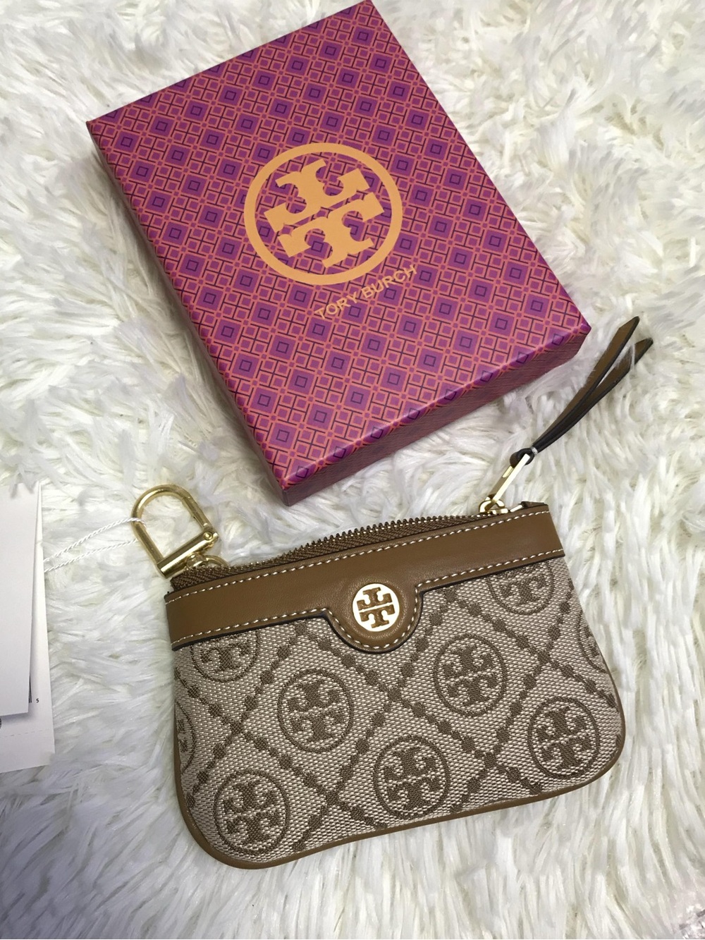 Tory Burch Beige & Tan Logo Zip Wristlet Card Case
